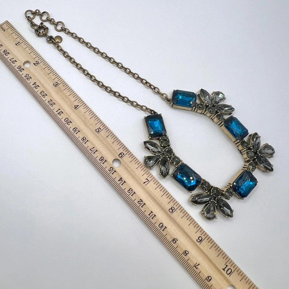 J.Crew Blue Smoky Grey Crystal Statement Bib Necklace Antiqued Brass Tone 18
